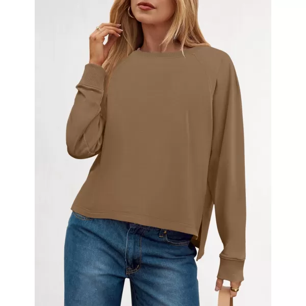 imageZESICA Womens Causal Long Sleeve Lightweight Sweatshirts Crewneck Side Slit Loose Shirts Basic Fall TopsKhaki