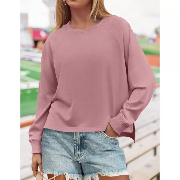 imageZESICA Womens Causal Long Sleeve Lightweight Sweatshirts Crewneck Side Slit Loose Shirts Basic Fall TopsPink