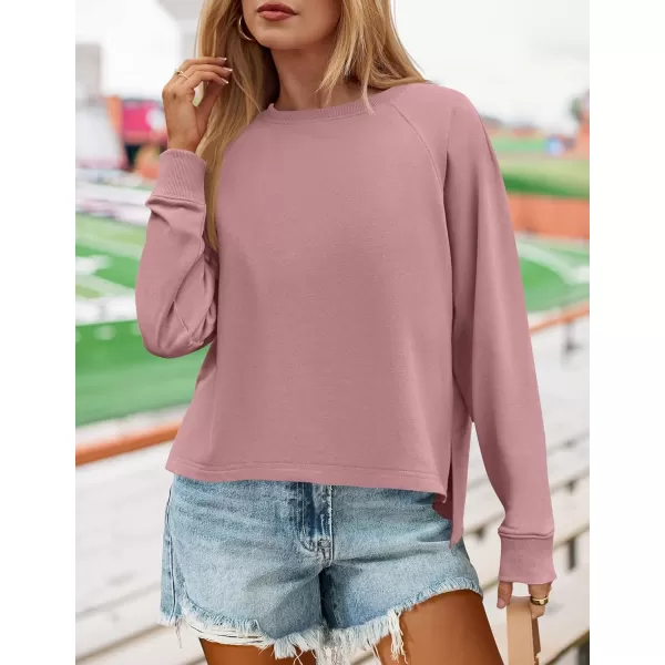imageZESICA Womens Causal Long Sleeve Lightweight Sweatshirts Crewneck Side Slit Loose Shirts Basic Fall TopsPink