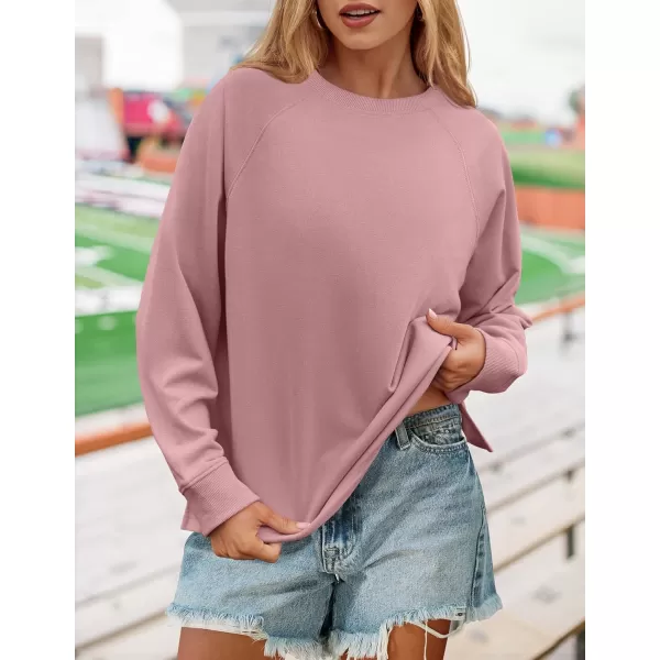imageZESICA Womens Causal Long Sleeve Lightweight Sweatshirts Crewneck Side Slit Loose Shirts Basic Fall TopsPink