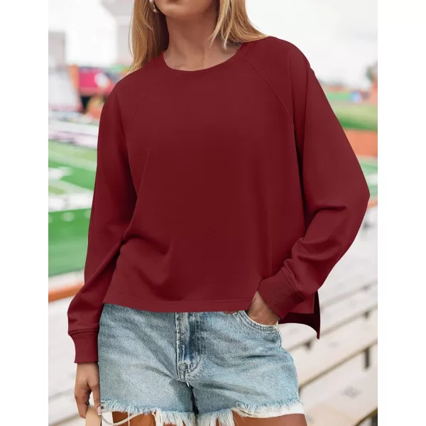 imageZESICA Womens Causal Long Sleeve Lightweight Sweatshirts Crewneck Side Slit Loose Shirts Basic Fall TopsRed