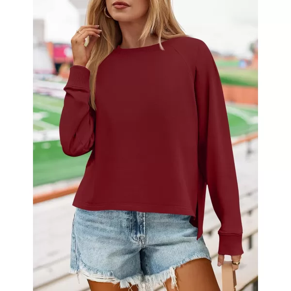 imageZESICA Womens Causal Long Sleeve Lightweight Sweatshirts Crewneck Side Slit Loose Shirts Basic Fall TopsRed