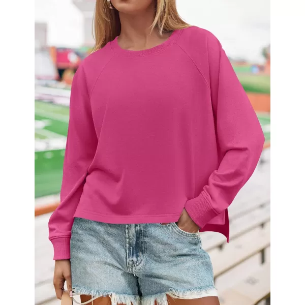 imageZESICA Womens Causal Long Sleeve Lightweight Sweatshirts Crewneck Side Slit Loose Shirts Basic Fall TopsRose Red