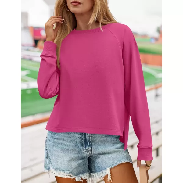 imageZESICA Womens Causal Long Sleeve Lightweight Sweatshirts Crewneck Side Slit Loose Shirts Basic Fall TopsRose Red