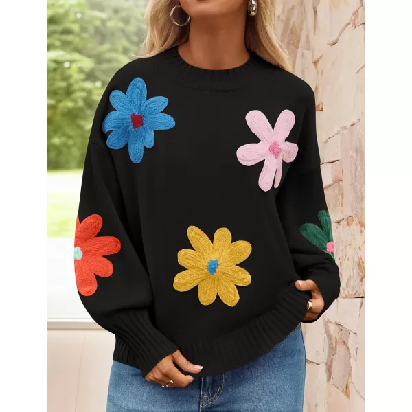 imageZESICA Womens Fall Long Puff Sleeve Sweaters 2024 Casual Crewneck Ribbed Knit Flower Color Block Loose Pullover TopsBlack