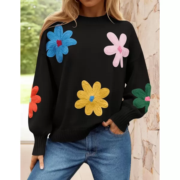 imageZESICA Womens Fall Long Puff Sleeve Sweaters 2024 Casual Crewneck Ribbed Knit Flower Color Block Loose Pullover TopsBlack