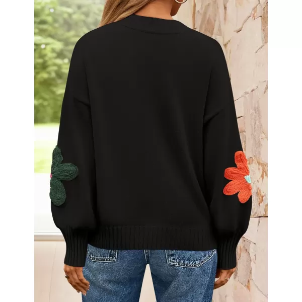 imageZESICA Womens Fall Long Puff Sleeve Sweaters 2024 Casual Crewneck Ribbed Knit Flower Color Block Loose Pullover TopsBlack
