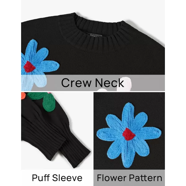 imageZESICA Womens Fall Long Puff Sleeve Sweaters 2024 Casual Crewneck Ribbed Knit Flower Color Block Loose Pullover TopsBlack