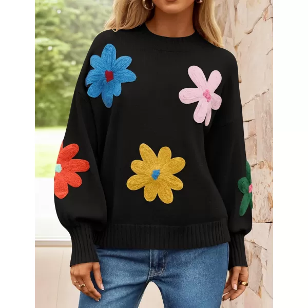 imageZESICA Womens Fall Long Puff Sleeve Sweaters 2024 Casual Crewneck Ribbed Knit Flower Color Block Loose Pullover TopsBlack