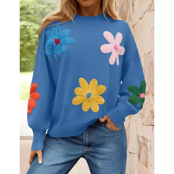 imageZESICA Womens Fall Long Puff Sleeve Sweaters 2024 Casual Crewneck Ribbed Knit Flower Color Block Loose Pullover TopsBlue
