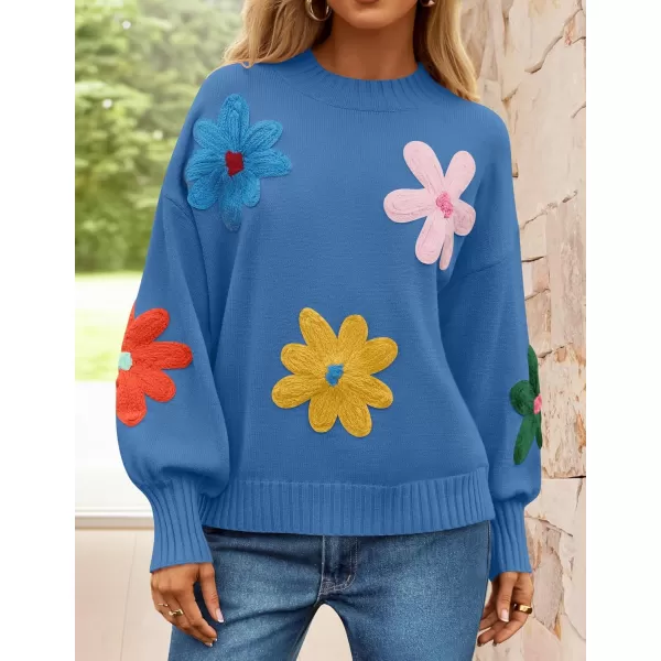 imageZESICA Womens Fall Long Puff Sleeve Sweaters 2024 Casual Crewneck Ribbed Knit Flower Color Block Loose Pullover TopsBlue
