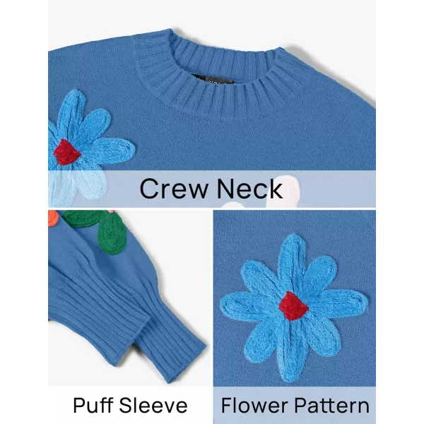 imageZESICA Womens Fall Long Puff Sleeve Sweaters 2024 Casual Crewneck Ribbed Knit Flower Color Block Loose Pullover TopsBlue