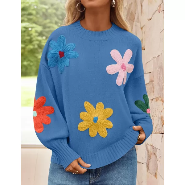 imageZESICA Womens Fall Long Puff Sleeve Sweaters 2024 Casual Crewneck Ribbed Knit Flower Color Block Loose Pullover TopsBlue