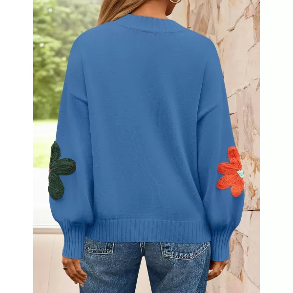 imageZESICA Womens Fall Long Puff Sleeve Sweaters 2024 Casual Crewneck Ribbed Knit Flower Color Block Loose Pullover TopsBlue