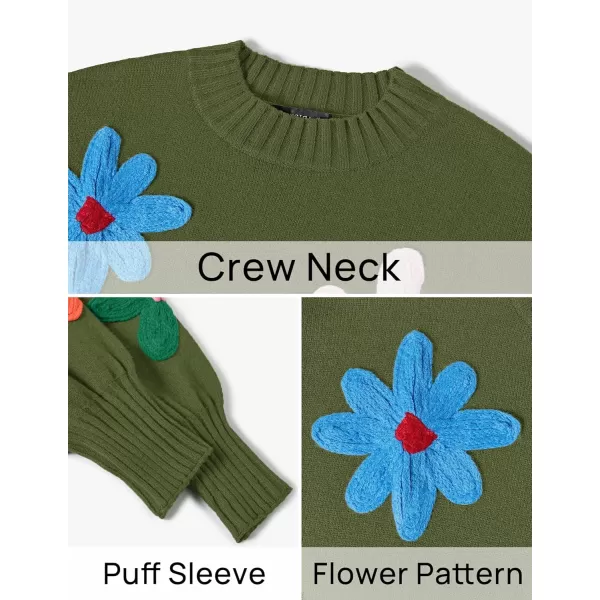 imageZESICA Womens Fall Long Puff Sleeve Sweaters 2024 Casual Crewneck Ribbed Knit Flower Color Block Loose Pullover TopsGreen