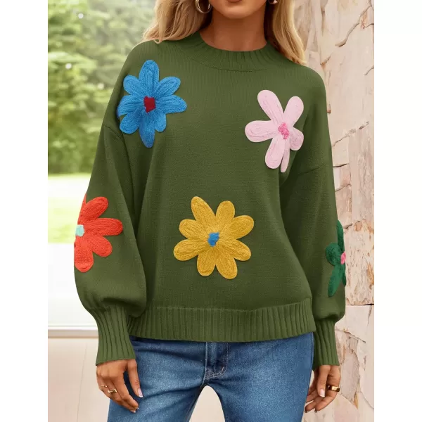 imageZESICA Womens Fall Long Puff Sleeve Sweaters 2024 Casual Crewneck Ribbed Knit Flower Color Block Loose Pullover TopsGreen
