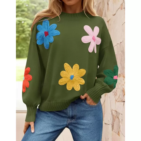 imageZESICA Womens Fall Long Puff Sleeve Sweaters 2024 Casual Crewneck Ribbed Knit Flower Color Block Loose Pullover TopsGreen