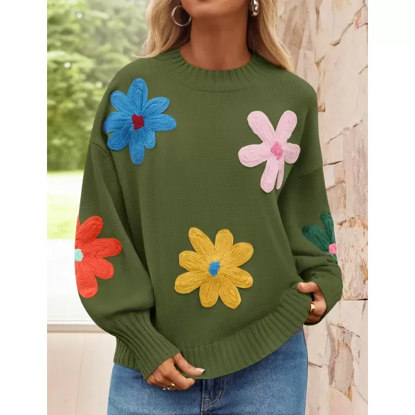 imageZESICA Womens Fall Long Puff Sleeve Sweaters 2024 Casual Crewneck Ribbed Knit Flower Color Block Loose Pullover TopsGreen