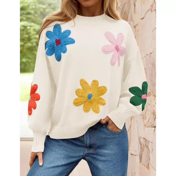 imageZESICA Womens Fall Long Puff Sleeve Sweaters 2024 Casual Crewneck Ribbed Knit Flower Color Block Loose Pullover TopsIvory