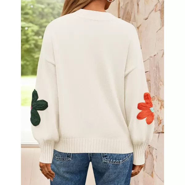 imageZESICA Womens Fall Long Puff Sleeve Sweaters 2024 Casual Crewneck Ribbed Knit Flower Color Block Loose Pullover TopsIvory