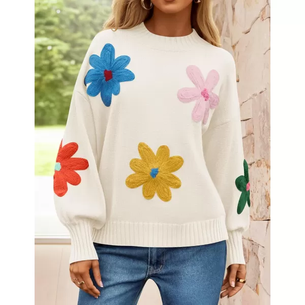 imageZESICA Womens Fall Long Puff Sleeve Sweaters 2024 Casual Crewneck Ribbed Knit Flower Color Block Loose Pullover TopsIvory
