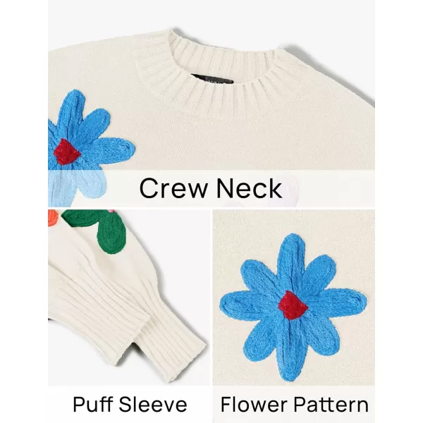 imageZESICA Womens Fall Long Puff Sleeve Sweaters 2024 Casual Crewneck Ribbed Knit Flower Color Block Loose Pullover TopsIvory