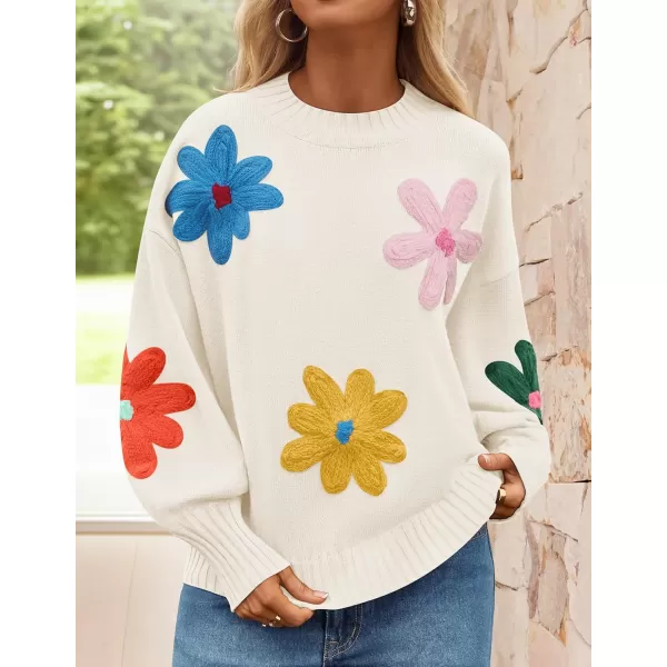 imageZESICA Womens Fall Long Puff Sleeve Sweaters 2024 Casual Crewneck Ribbed Knit Flower Color Block Loose Pullover TopsIvory