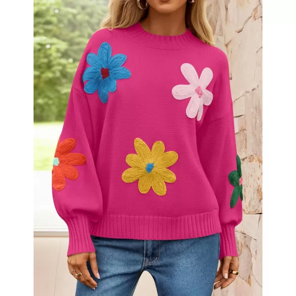 imageZESICA Womens Fall Long Puff Sleeve Sweaters 2024 Casual Crewneck Ribbed Knit Flower Color Block Loose Pullover TopsRose