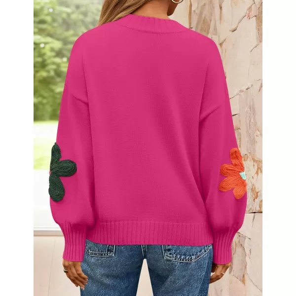 imageZESICA Womens Fall Long Puff Sleeve Sweaters 2024 Casual Crewneck Ribbed Knit Flower Color Block Loose Pullover TopsRose