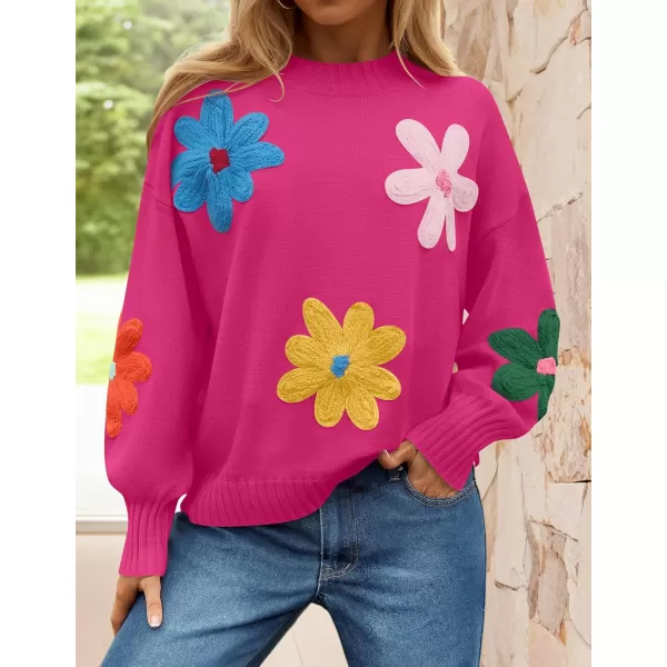 imageZESICA Womens Fall Long Puff Sleeve Sweaters 2024 Casual Crewneck Ribbed Knit Flower Color Block Loose Pullover TopsRose