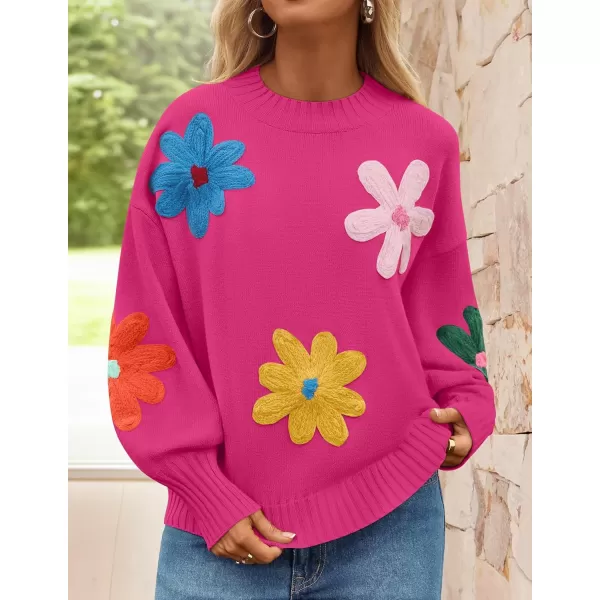 imageZESICA Womens Fall Long Puff Sleeve Sweaters 2024 Casual Crewneck Ribbed Knit Flower Color Block Loose Pullover TopsRose