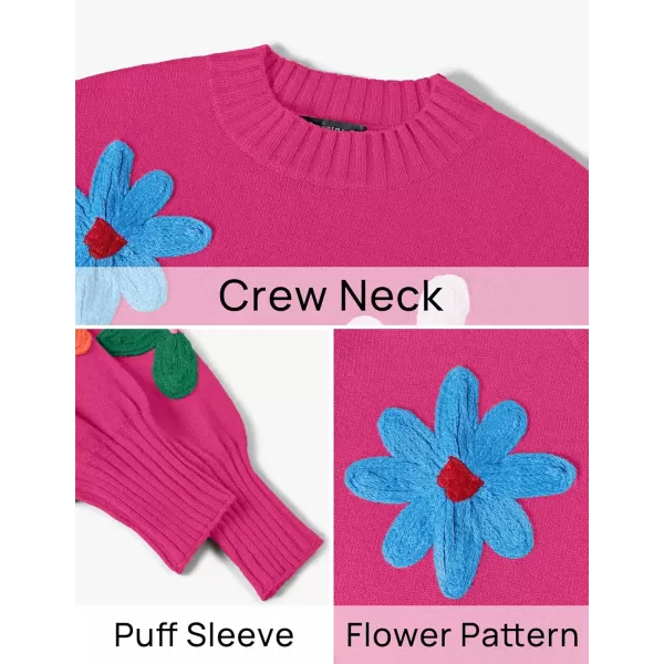 imageZESICA Womens Fall Long Puff Sleeve Sweaters 2024 Casual Crewneck Ribbed Knit Flower Color Block Loose Pullover TopsRose