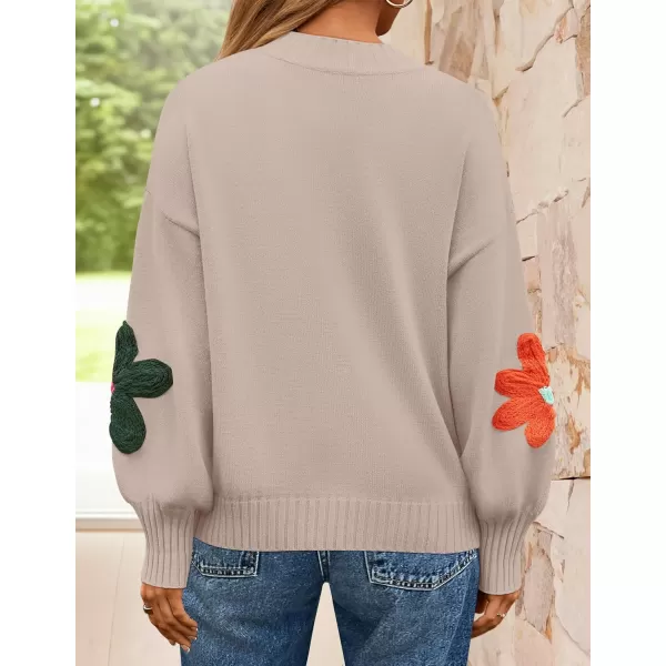 imageZESICA Womens Fall Long Puff Sleeve Sweaters 2024 Casual Crewneck Ribbed Knit Flower Color Block Loose Pullover TopsSand