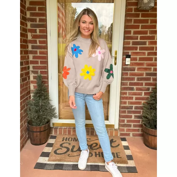 imageZESICA Womens Fall Long Puff Sleeve Sweaters 2024 Casual Crewneck Ribbed Knit Flower Color Block Loose Pullover TopsSand