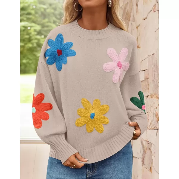 imageZESICA Womens Fall Long Puff Sleeve Sweaters 2024 Casual Crewneck Ribbed Knit Flower Color Block Loose Pullover TopsSand