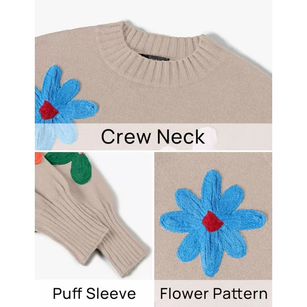 imageZESICA Womens Fall Long Puff Sleeve Sweaters 2024 Casual Crewneck Ribbed Knit Flower Color Block Loose Pullover TopsSand