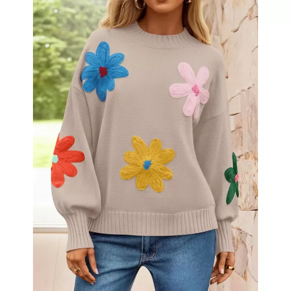 imageZESICA Womens Fall Long Puff Sleeve Sweaters 2024 Casual Crewneck Ribbed Knit Flower Color Block Loose Pullover TopsSand