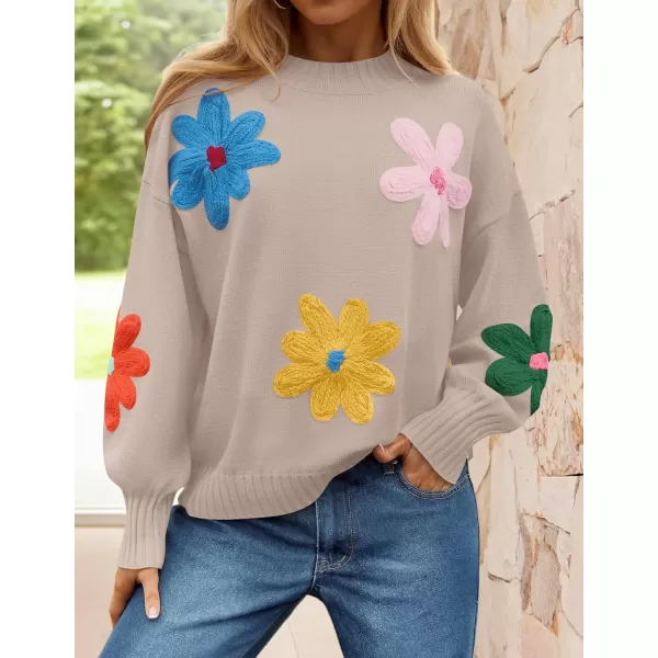 imageZESICA Womens Fall Long Puff Sleeve Sweaters 2024 Casual Crewneck Ribbed Knit Flower Color Block Loose Pullover TopsSand