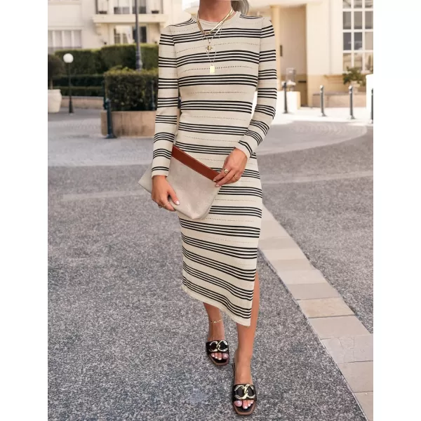 imageZESICA Womens Fall Long Sleeve Striped Knit Midi Dresses Crewneck Side Slit Bodycon Sweater DressApricot