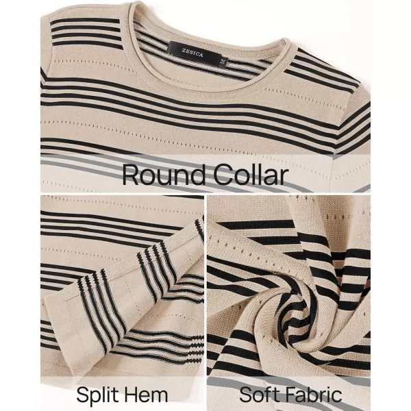 imageZESICA Womens Fall Long Sleeve Striped Knit Midi Dresses Crewneck Side Slit Bodycon Sweater DressApricot