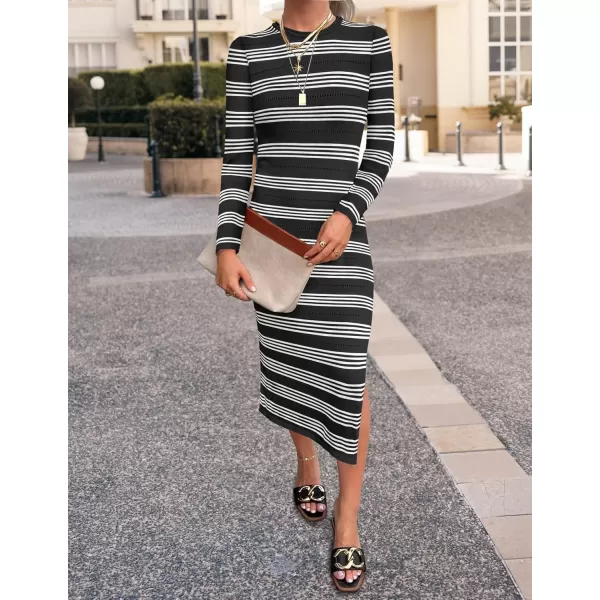 imageZESICA Womens Fall Long Sleeve Striped Knit Midi Dresses Crewneck Side Slit Bodycon Sweater DressBlack
