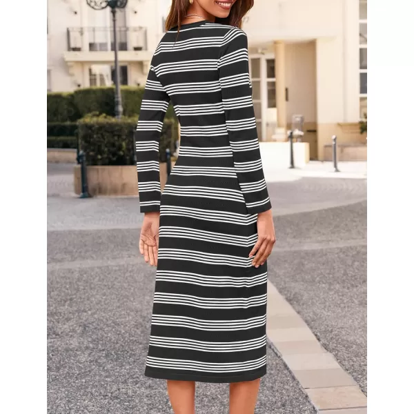 imageZESICA Womens Fall Long Sleeve Striped Knit Midi Dresses Crewneck Side Slit Bodycon Sweater DressBlack