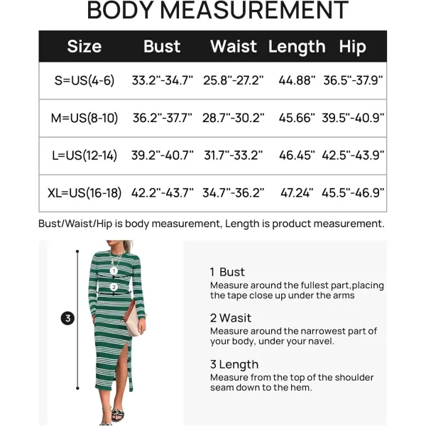 imageZESICA Womens Fall Long Sleeve Striped Knit Midi Dresses Crewneck Side Slit Bodycon Sweater DressDarkgreen