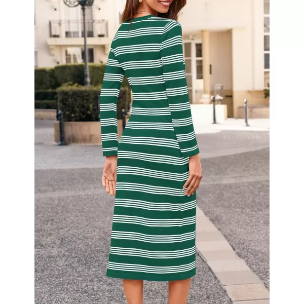 imageZESICA Womens Fall Long Sleeve Striped Knit Midi Dresses Crewneck Side Slit Bodycon Sweater DressDarkgreen