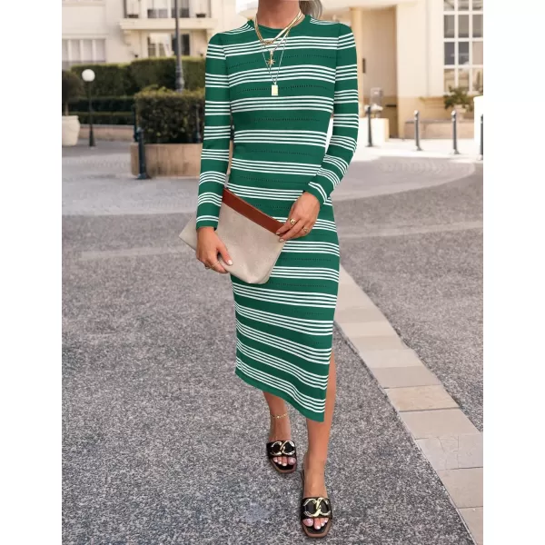 imageZESICA Womens Fall Long Sleeve Striped Knit Midi Dresses Crewneck Side Slit Bodycon Sweater DressDarkgreen