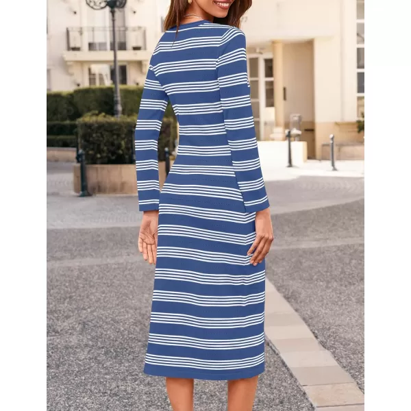 imageZESICA Womens Fall Long Sleeve Striped Knit Midi Dresses Crewneck Side Slit Bodycon Sweater DressDustyblue