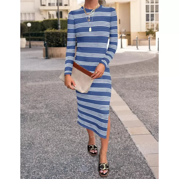 imageZESICA Womens Fall Long Sleeve Striped Knit Midi Dresses Crewneck Side Slit Bodycon Sweater DressDustyblue