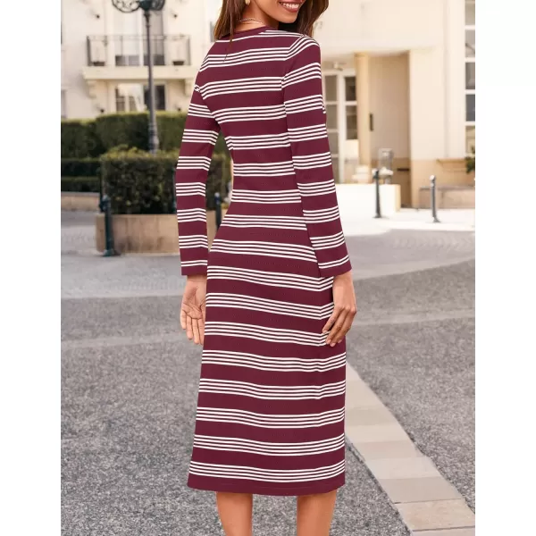 imageZESICA Womens Fall Long Sleeve Striped Knit Midi Dresses Crewneck Side Slit Bodycon Sweater DressFuchsia