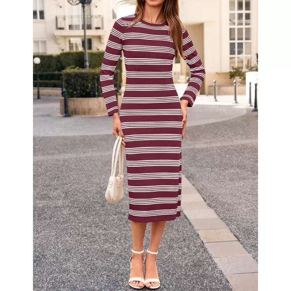 imageZESICA Womens Fall Long Sleeve Striped Knit Midi Dresses Crewneck Side Slit Bodycon Sweater DressFuchsia