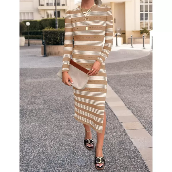 imageZESICA Womens Fall Long Sleeve Striped Knit Midi Dresses Crewneck Side Slit Bodycon Sweater DressKhaki
